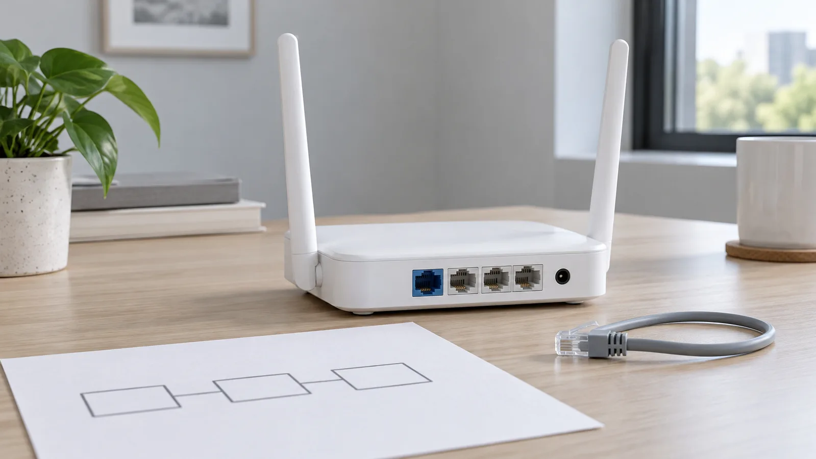 Білий настільний маршрутизатор Wi-Fi без бренду з видимими портами Ethernet на задній панелі поруч із простим ескізом мережі