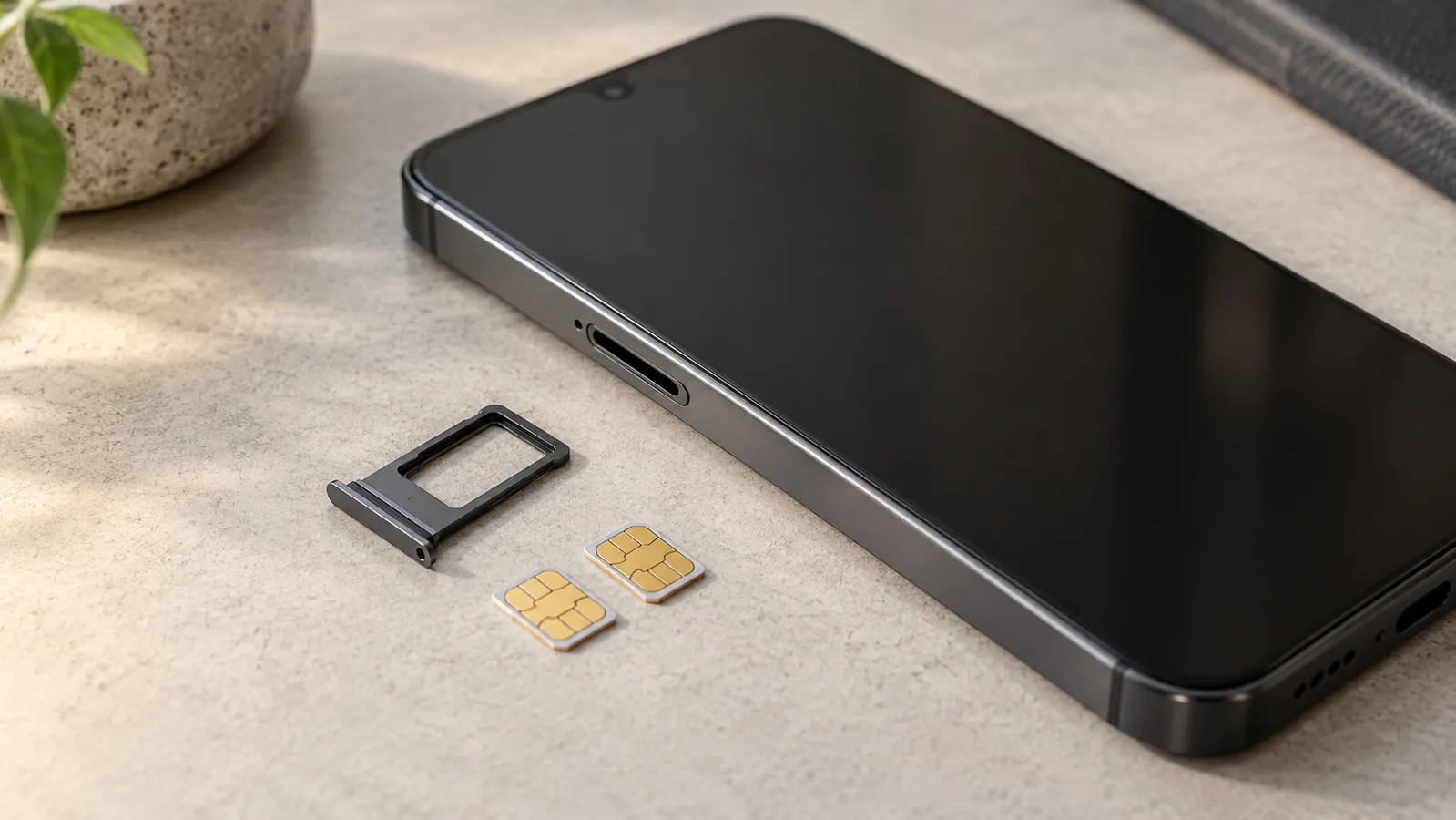 Смартфон без бренду поруч із окремим лотком для SIM-карти та двома SIM-картками, що демонструє підтримку фізичних карток